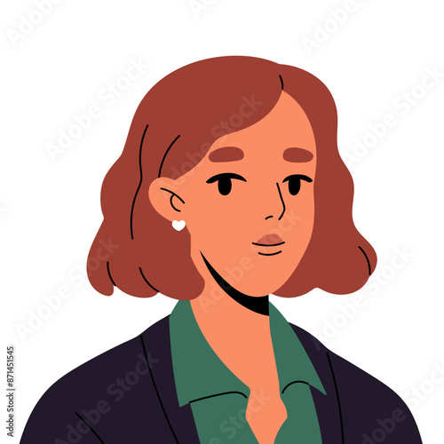 Happy business woman with bob haircut avatar. Female face, businesswoman portrait for user profile. Office worker, employee with earrings. Flat isolated vector illustration on white background