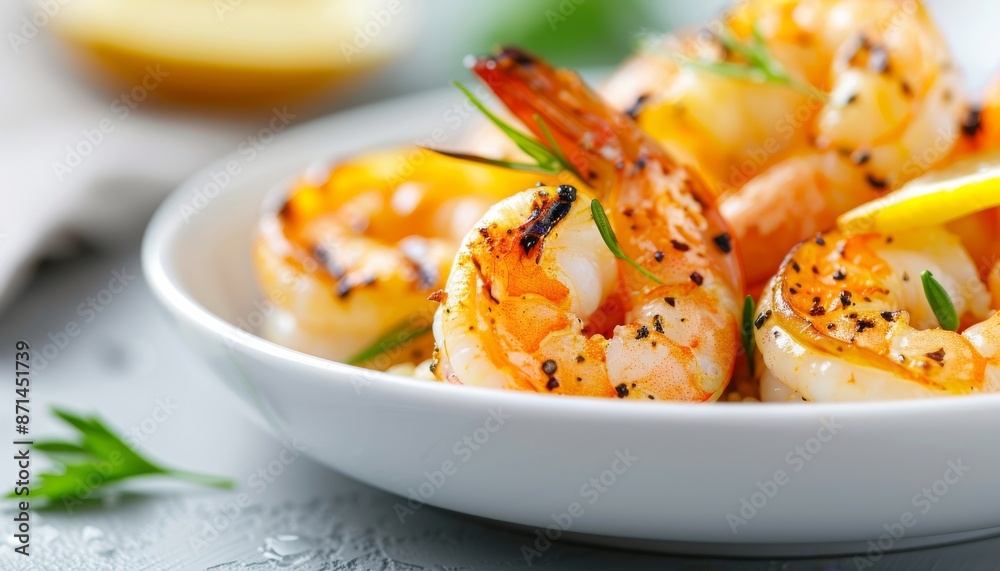 Close-up of delicious grilled shrimp garnished with herbs, served in a white bowl. Perfect for seafood lovers and culinary enthusiasts. Close-up of delicious grilled shrimp garnished with herbs, served in a white bowl. Perfect for seafood lovers and culinary enthusiasts.