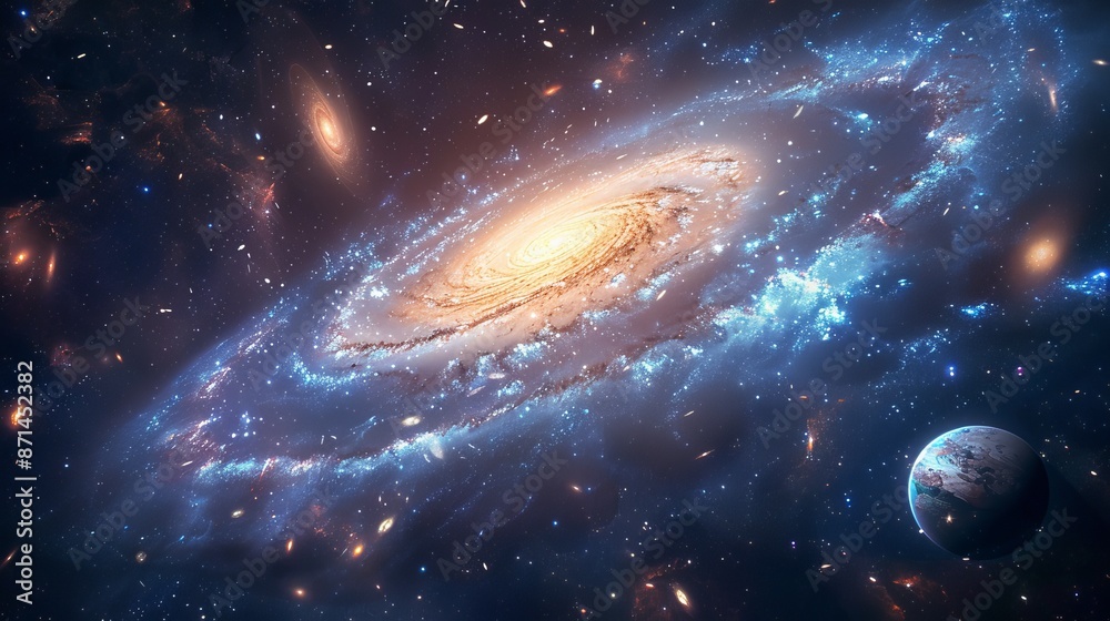 Obraz premium A serene view of a distant galaxy, with various celestial bodies and cosmic phenomena Generative AI