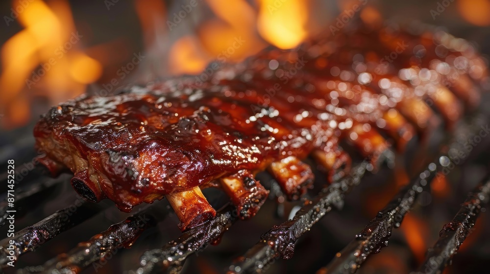 Juicy BBQ ribs sizzling on a flaming grill, showcasing deliciously glazed meat with a mouthwatering appeal. Juicy BBQ ribs sizzling on a flaming grill, showcasing deliciously glazed meat with a mouthwatering appeal.