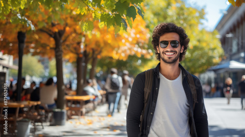 A cheerful man smiling in an autumn city street, enjoying the vibrant colors and lively urban scene. © tashechka