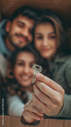 A couple holds a key to their new home, peeking out from a cardboard box