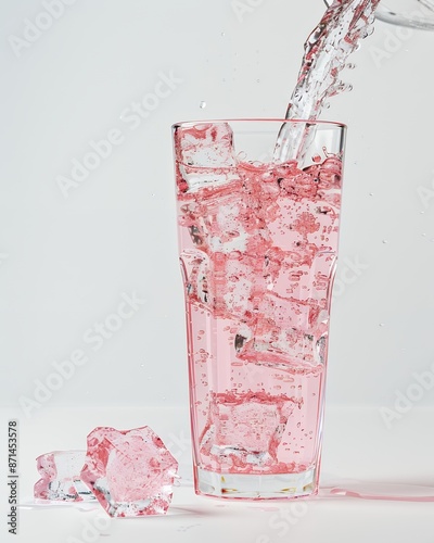 Pink drink being poured into tall glass, ice in the bottom of the cup, white background, high resolution photography, product photo for advertising, closeup photo