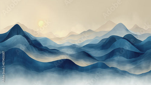 A vector landscape background with a clear blue sky and fluffy white clouds