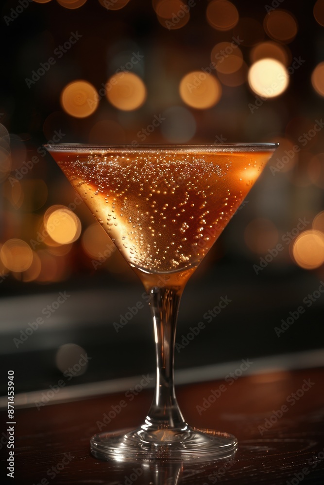 Amber cocktail in a martini glass with bubbles against a warm, bokeh-lit background, exuding sophistication and elegance Amber cocktail in a martini glass with bubbles against a warm, bokeh-lit background, exuding sophistication and elegance