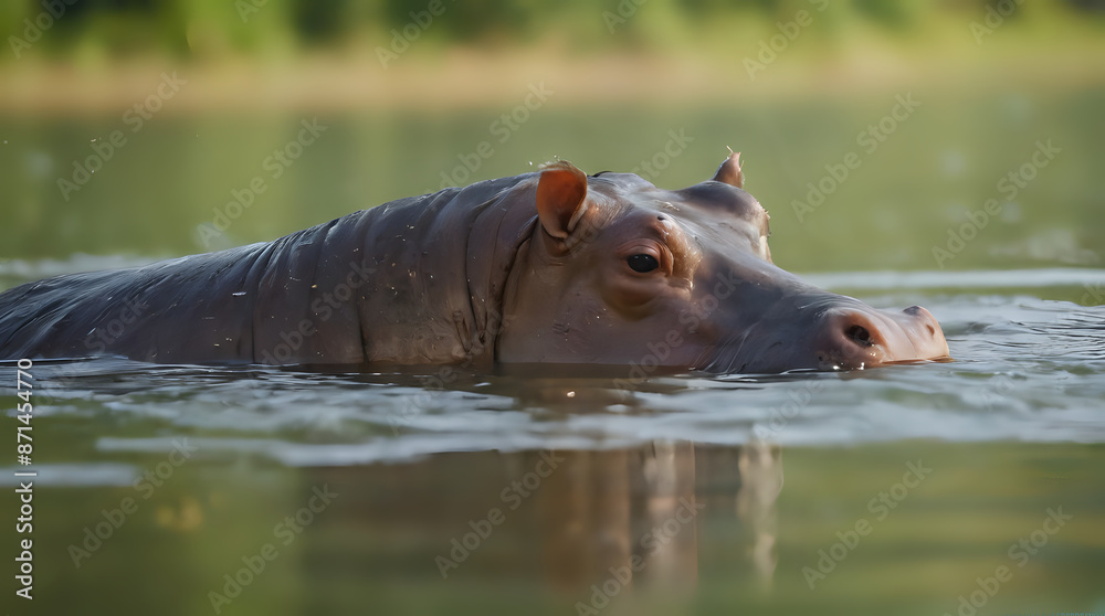 a hippo in the water with its head above the water a hippo in the water with its head above the water