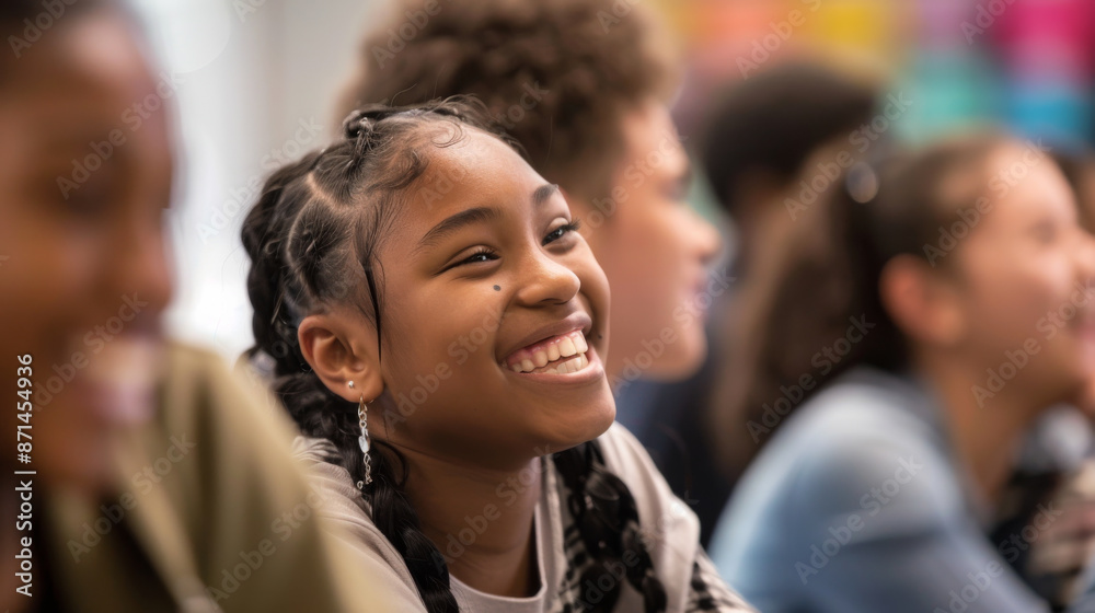 A student with braided hair smiles brightly, surrounded by classmates, capturing a moment of happiness and engagement in the classroom. A student with braided hair smiles brightly, surrounded by classmates, capturing a moment of happiness and engagement in the classroom.