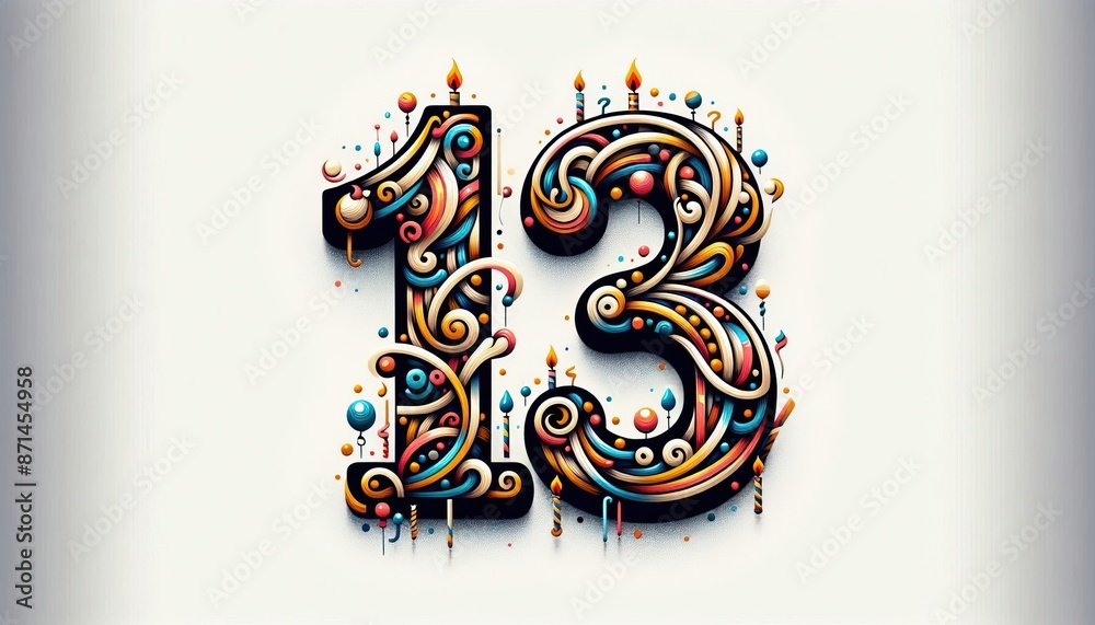 Decorative number 13 with intricate floral and ornamental design, creative and artistic representation for birthdays or anniversaries Decorative number 13 with intricate floral and ornamental design, creative and artistic representation for birthdays or anniversaries