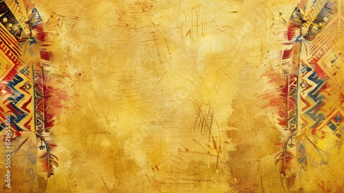 Yellow grunge paper background with Native American patterns for text placement