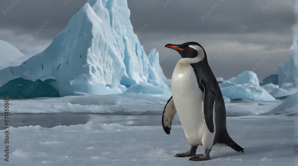 Fototapeta premium penguin standing in the snow with icebergs in the background