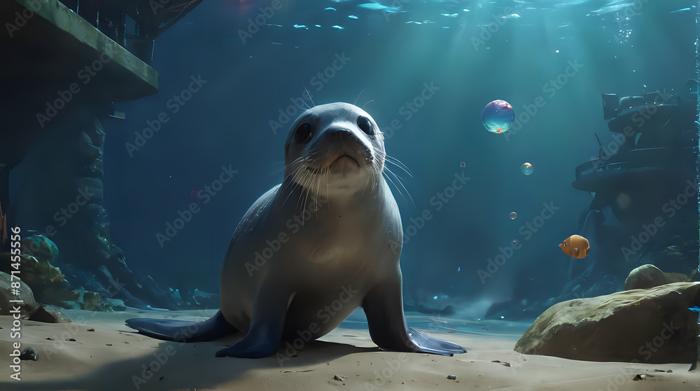 Fototapeta premium a seal sitting on the sand in a large aquarium