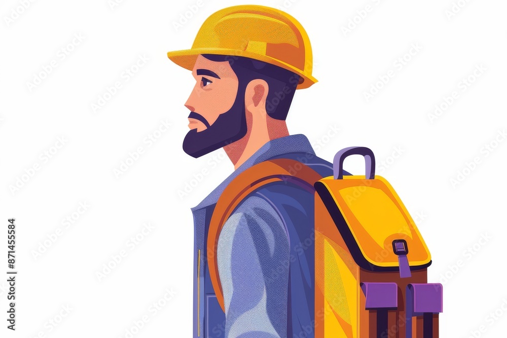 Professional man with a beard and hard hat carrying a yellow backpack in a detailed illustration Professional man with a beard and hard hat carrying a yellow backpack in a detailed illustration
