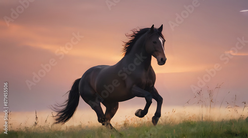 a horse that is running in the grass at sunset