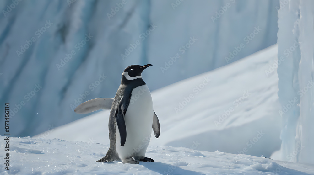 Obraz premium a penguin standing on the snow with its wings spread