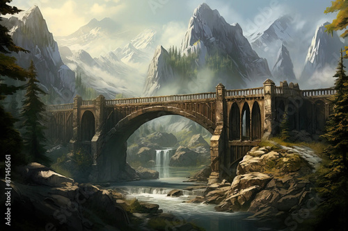 Stonecrest Bridge: Enchanted Pathway Through Mystical Mountains Fantasy  wallpaper photo