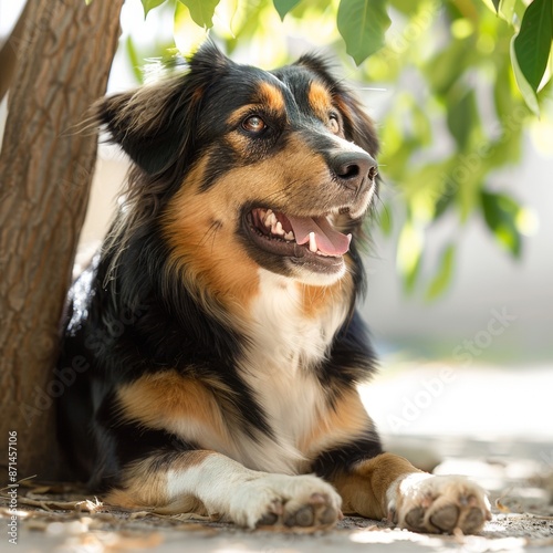 Relaxing Dog Beat the Heat: Stay Cool Under Shady Tree | Pet Safety in Heatwave - Isolated White Background with Copy Space