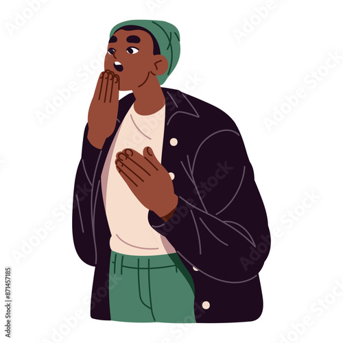 Shocked teenager hides open mouth with hand. Surprised teen person with stunned facial expression. Face with afraid, scared, worried emotions. Flat isolated vector illustration on white background