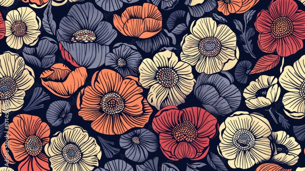 Floral motif in circular seamless pattern with hand drawn details Floral motif in circular seamless pattern with hand drawn details