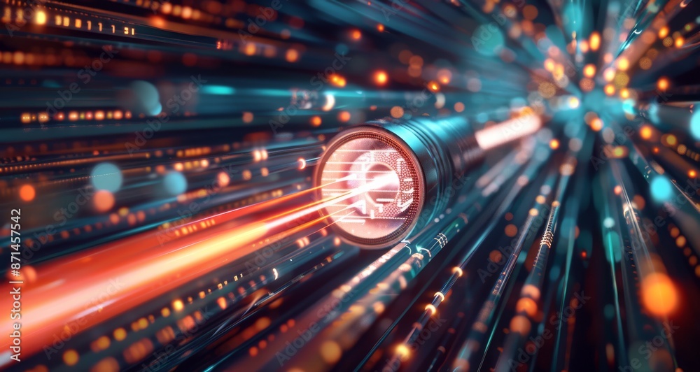 Obraz premium High-speed fiber optic cable illustration showcasing vibrant data flow, representing advanced internet technology and digital communication in a futuristic background