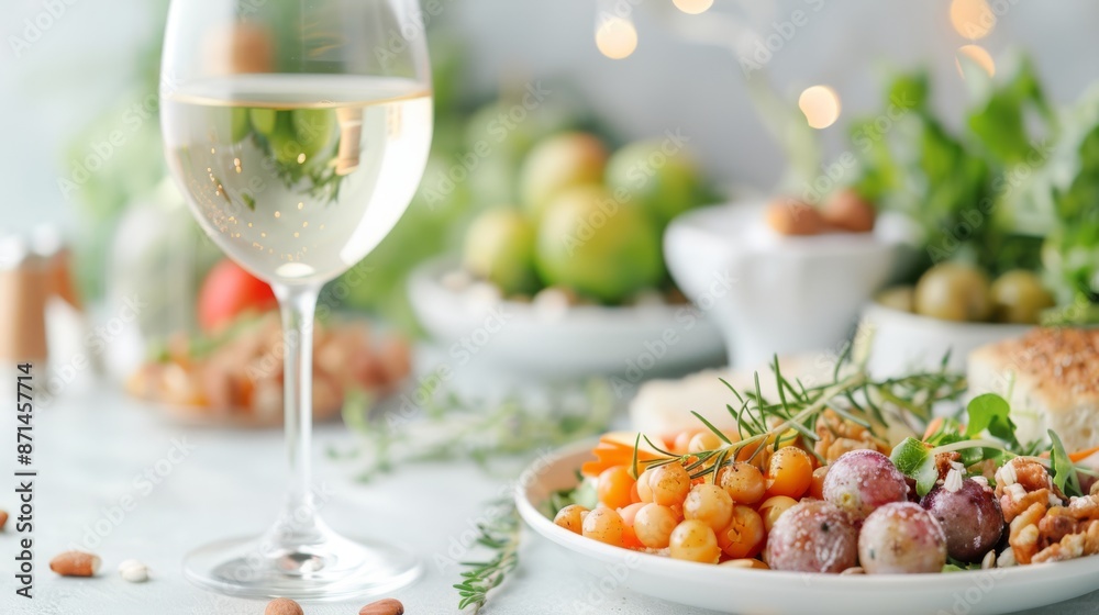 Elegant table setting with a glass of white wine and a plate of roasted vegetables, perfect for healthy dining or a special occasion. Elegant table setting with a glass of white wine and a plate of roasted vegetables, perfect for healthy dining or a special occasion.
