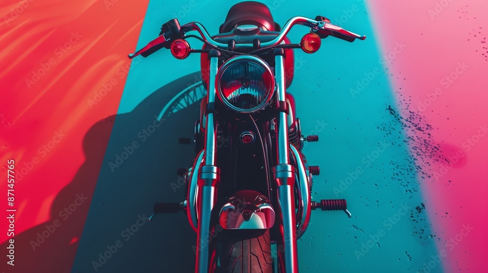 Fototapeta premium 18061525 182 182. Cruiser Motorcycle, minimalist, classic, geometric composition, top-down, vibrant colors, HDR, --ar 16:9 Job ID: 2677f783-dfc4-4a91-9c98-dccddc2ed987