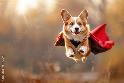 An adorable illustration of a Welsh corgi dog wearing a red cape and raising its two ears up is flying happily in a running pose in the blue sky with some clouds.