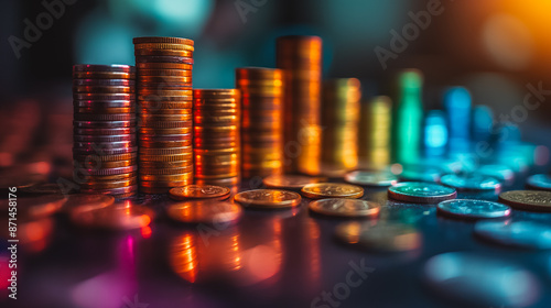 A stack of coins with a rainbow of colors. The coins are piled up in a pyramid shape