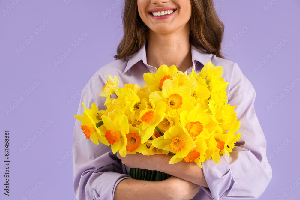 Beautiful young woman with daffodils on lilac background, closeup Beautiful young woman with daffodils on lilac background, closeup