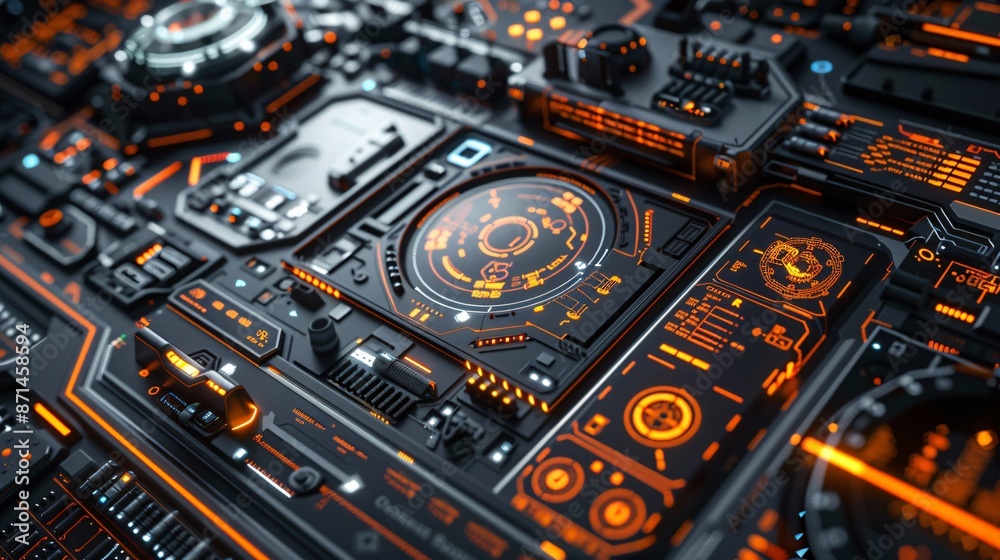 Complex AI Interface with Orange HUD Elements in a Sharp, Clean Design. Cybernetic Lab Setting Providing a High-Tech, Futuristic Atmosphere Complex AI Interface with Orange HUD Elements in a Sharp, Clean Design. Cybernetic Lab Setting Providing a High-Tech, Futuristic Atmosphere