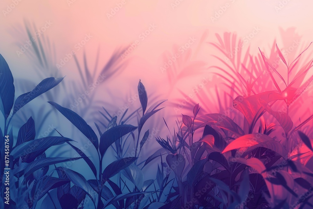 Silhouettes of leaves and branches in a vibrant pink and blue gradient light. Abstract, artistic, and dreamy background for nature, growth, and serenity. Silhouettes of leaves and branches in a vibrant pink and blue gradient light. Abstract, artistic, and dreamy background for nature, growth, and serenity.