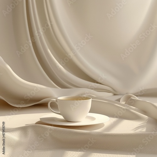 A white teacup and saucer placed on soft, draped fabric, illuminated by warm, gentle light, creating a serene and elegant atmosphere.