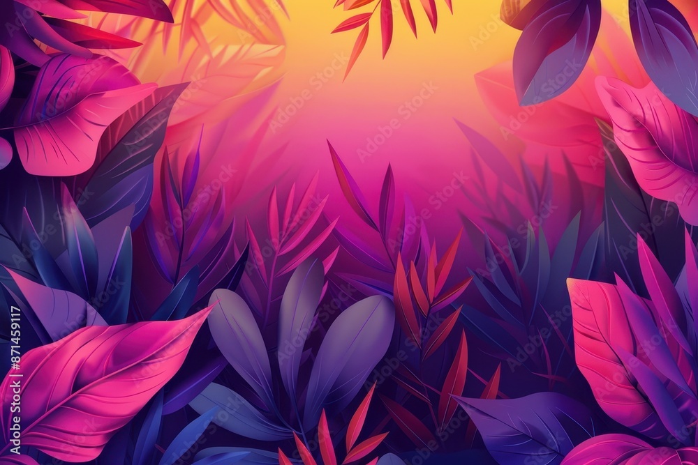 Vibrant tropical leaves in shades of pink, purple and blue with a hazy sunset background. Abstract jungle foliage backdrop for design.