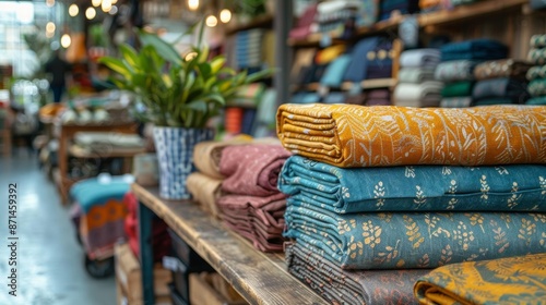 Folded fabrics with various patterns stacked on a wooden table in a cozy, well-lit fabric store with plant decoration.