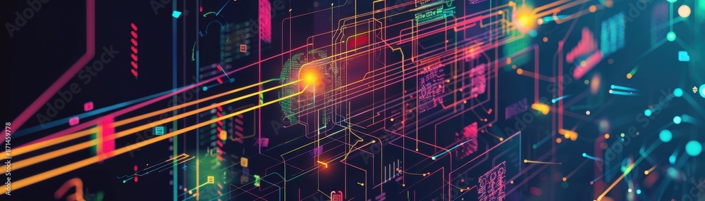 Data visualization, power grids, blockchain code, flat design illustration