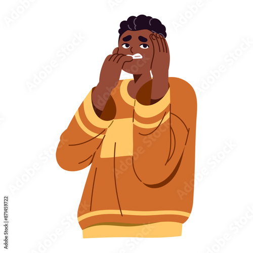 Scared teenager holds head with hands, biting nails for fear. Frightened boy panic. Person with afraid facial expression, anxious emotions. Flat isolated vector illustration on white background