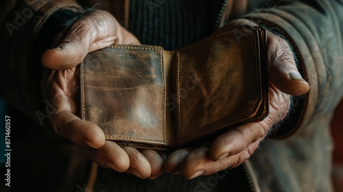 Senior man is holding his empty wallet open, showing that he has no money