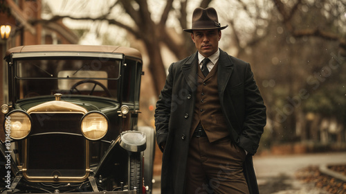 1920s era gangster wearing suit and coat standing by car