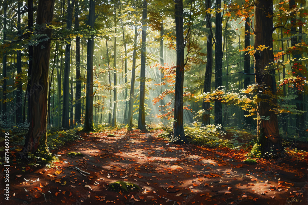 Sunshine penetrates the forest, autumn Sunshine penetrates the forest, autumn