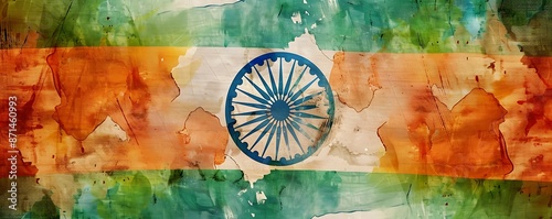 A striking watercolor grunge illustration of the Indian flag with each color distinctly represented by bold brush strokes on a worn background.