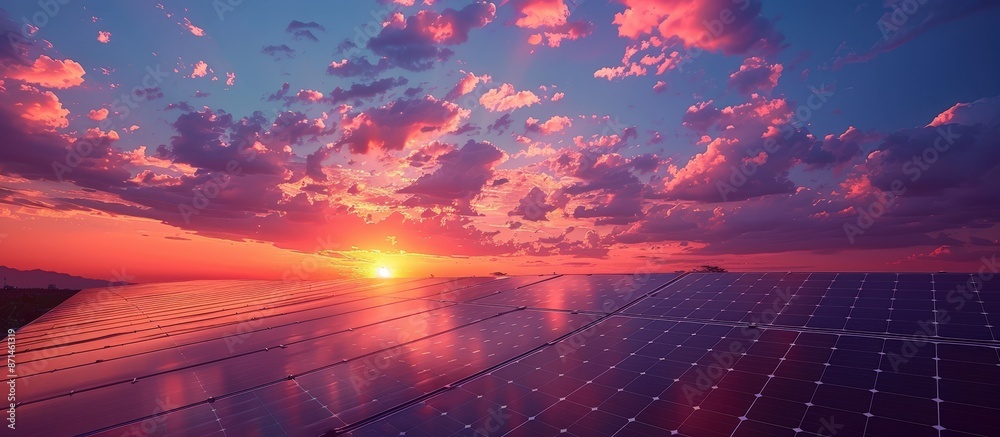 Beautiful sunset over solar panels with colorful clouds, showcasing renewable energy and sustainability. Beautiful sunset over solar panels with colorful clouds, showcasing renewable energy and sustainability.