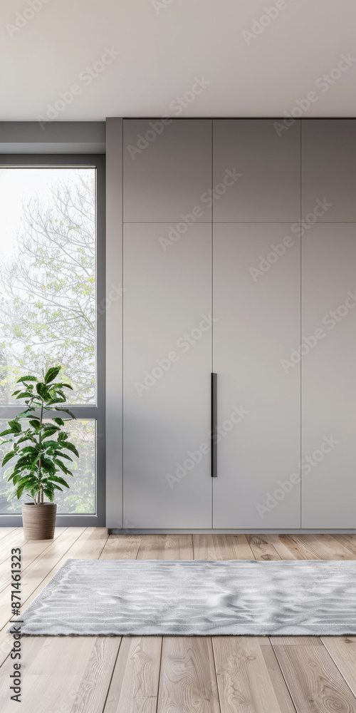 Wardrobe in an empty room with minimal, neutral colors and filled with lighting coming from a window. Residential Real Estate interiors design composition. Wardrobe in an empty room with minimal, neutral colors and filled with lighting coming from a window. Residential Real Estate interiors design composition.