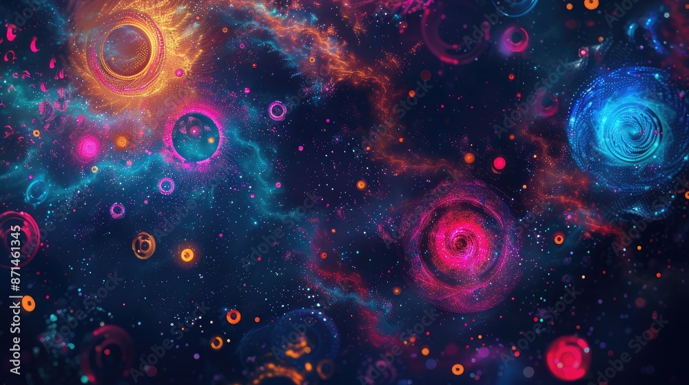 Fototapeta premium Dark celestial backdrop with vibrant circular patterns for various designs