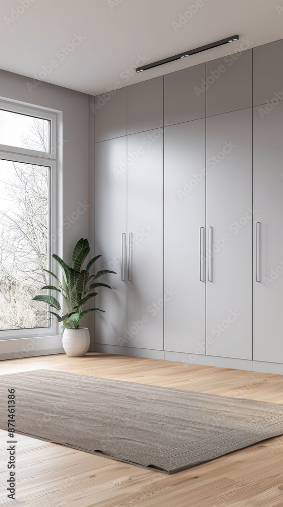 Wardrobe in an empty room with minimal, neutral colors and filled with lighting coming from a window. Residential Real Estate interiors design composition.