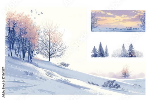 Watercolor Winter poster for falling snowflakes, snowy trees, Wintry scenes, frost with sunset landscape illustration background © pixeness