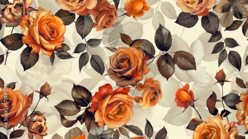 Fototapeta Naklejka Na Ścianę i Meble -  Stylish floral pattern with orange and brown roses