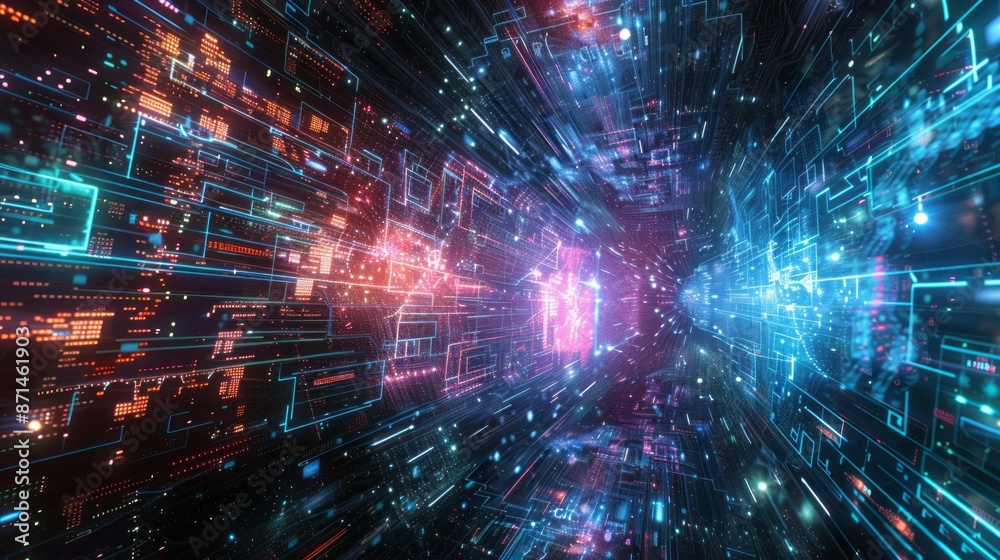 An abstract, artistic representation of quantum computing, visualized as a tunnel of glowing data streams in vibrant shades of blue and pink An abstract, artistic representation of quantum computing, visualized as a tunnel of glowing data streams in vibrant shades of blue and pink