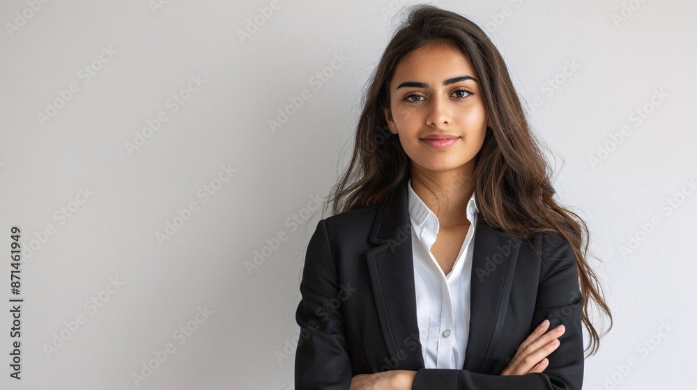 Professional portrait of a confident female entrepreneur from the Middle East in a business suit, arms crossed, smiling and looking at the camera on a white background. Professional portrait of a confident female entrepreneur from the Middle East in a business suit, arms crossed, smiling and looking at the camera on a white background.