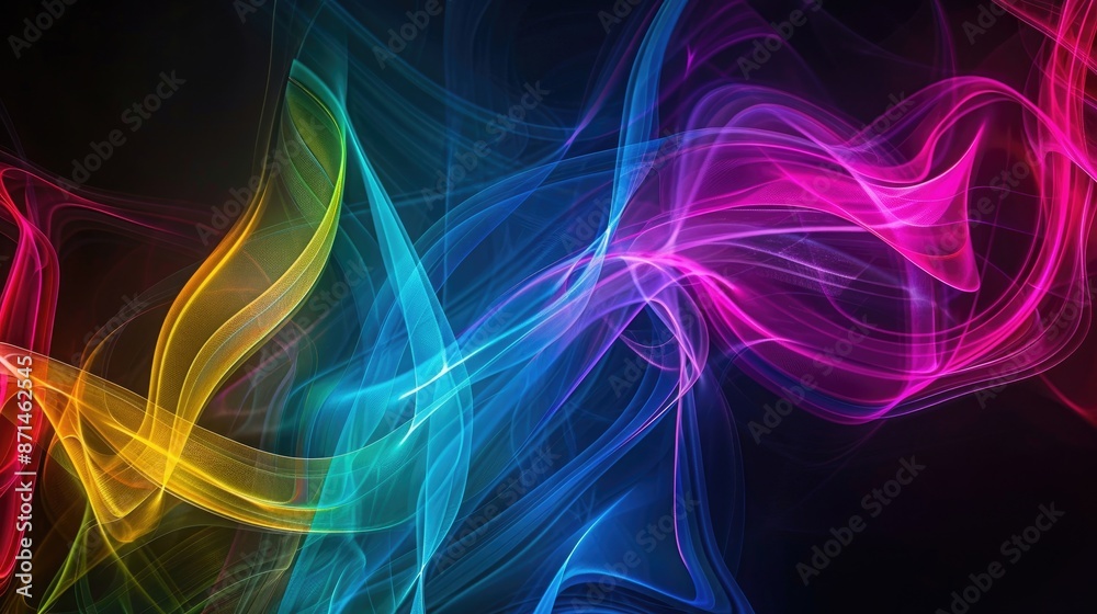Abstract rainbow patterns on dark background with copy space for menu created using colored light painting Abstract rainbow patterns on dark background with copy space for menu created using colored light painting
