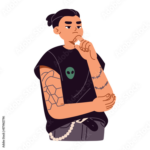 Puzzled young person pondering, thinking about questions, solutions. Thoughtful, interested teenager doubts. Pensive, curious teen is in thoughts. Flat isolated vector illustration on white background