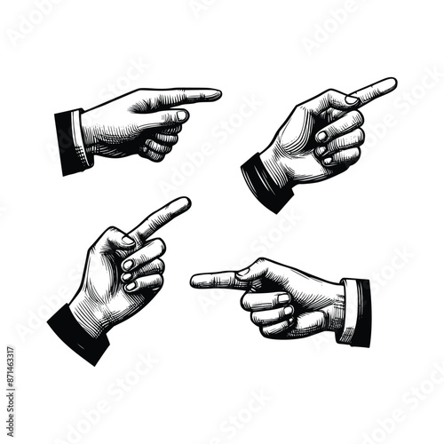 Hand drawn illustration hand pointing a finger in a direction sign. Black and white hand with index finger pointing to something drawing vector illustration